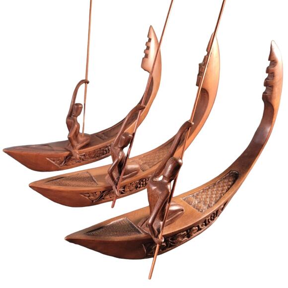 three rustic indigenous carved boat canoe folkart fisherman folk art 14" X 10" - Picture 1 of 11